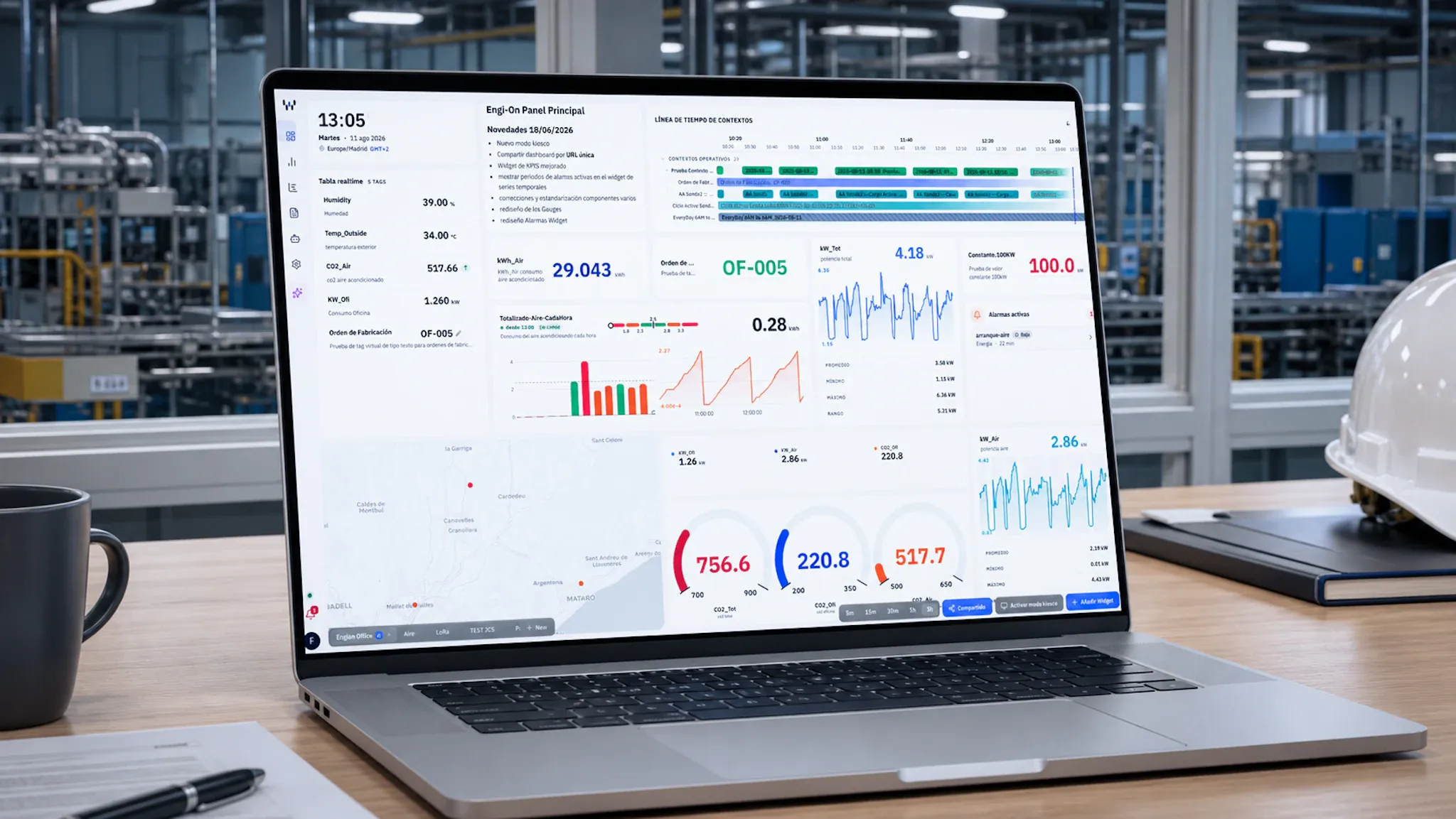 Un portátil sobre un escritorio con el panel de wattiot Core abierto: tabla de valores en tiempo real, línea de tiempo de contextos operativos, KPIs de consumo y alarmas activas, con la planta de producción al fondo.