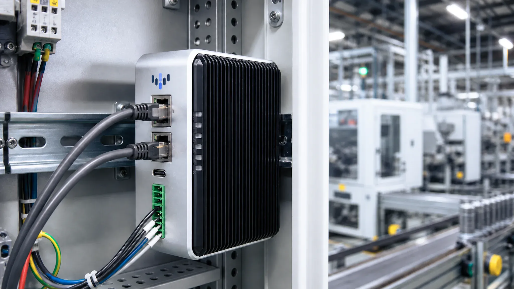 Un wattiot Edge montado en carril DIN dentro de un armario eléctrico, con dos cables Ethernet y las entradas de campo conectadas, y la línea de producción al fondo.
